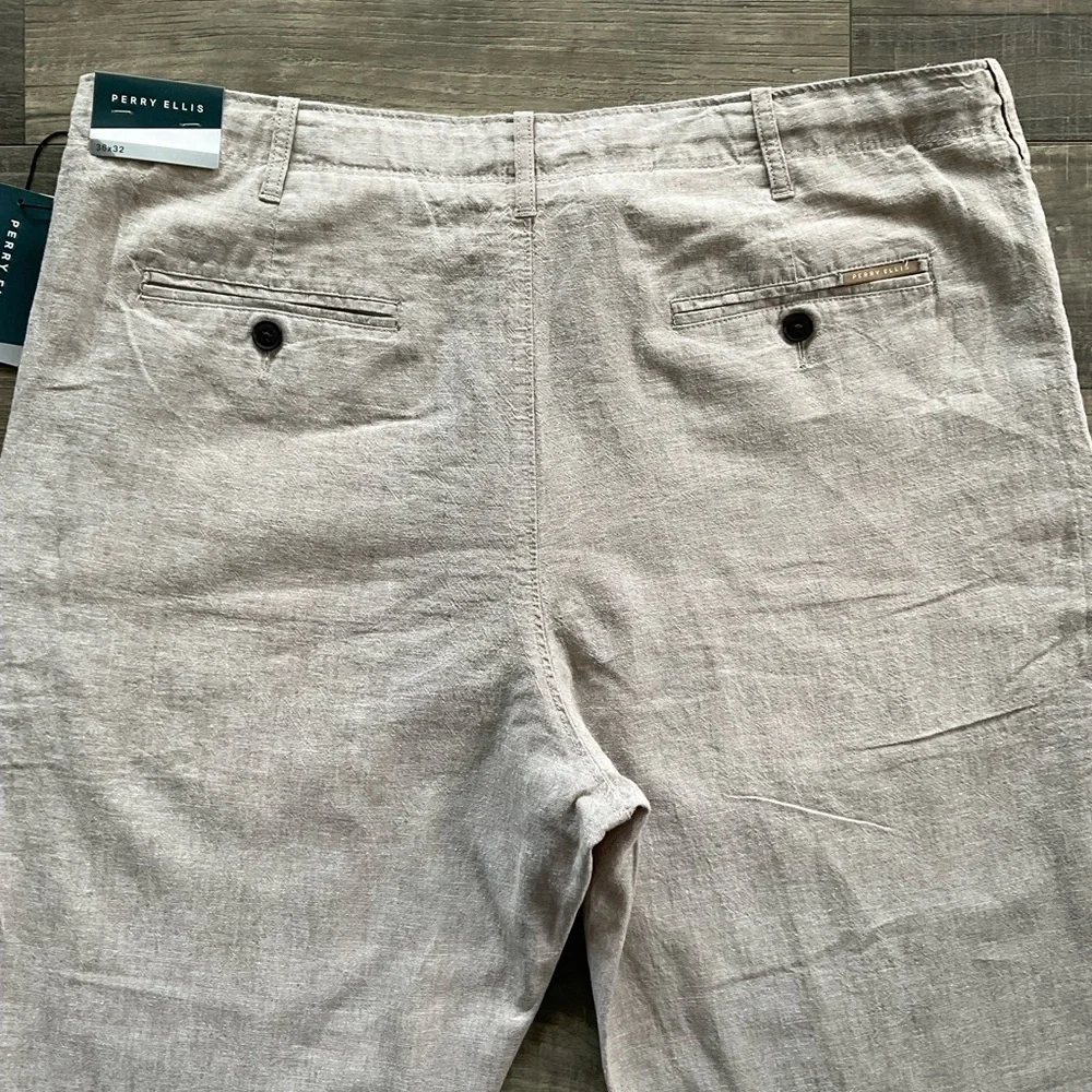 36x32 NWT Perry Ellis Linen Blend Pants Mens Khaki Light Tan Button Fly Drawcord